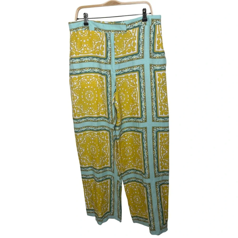 Zara Medallion Tile Print Wide Leg Linen Blend Pants Yellow Teal XL